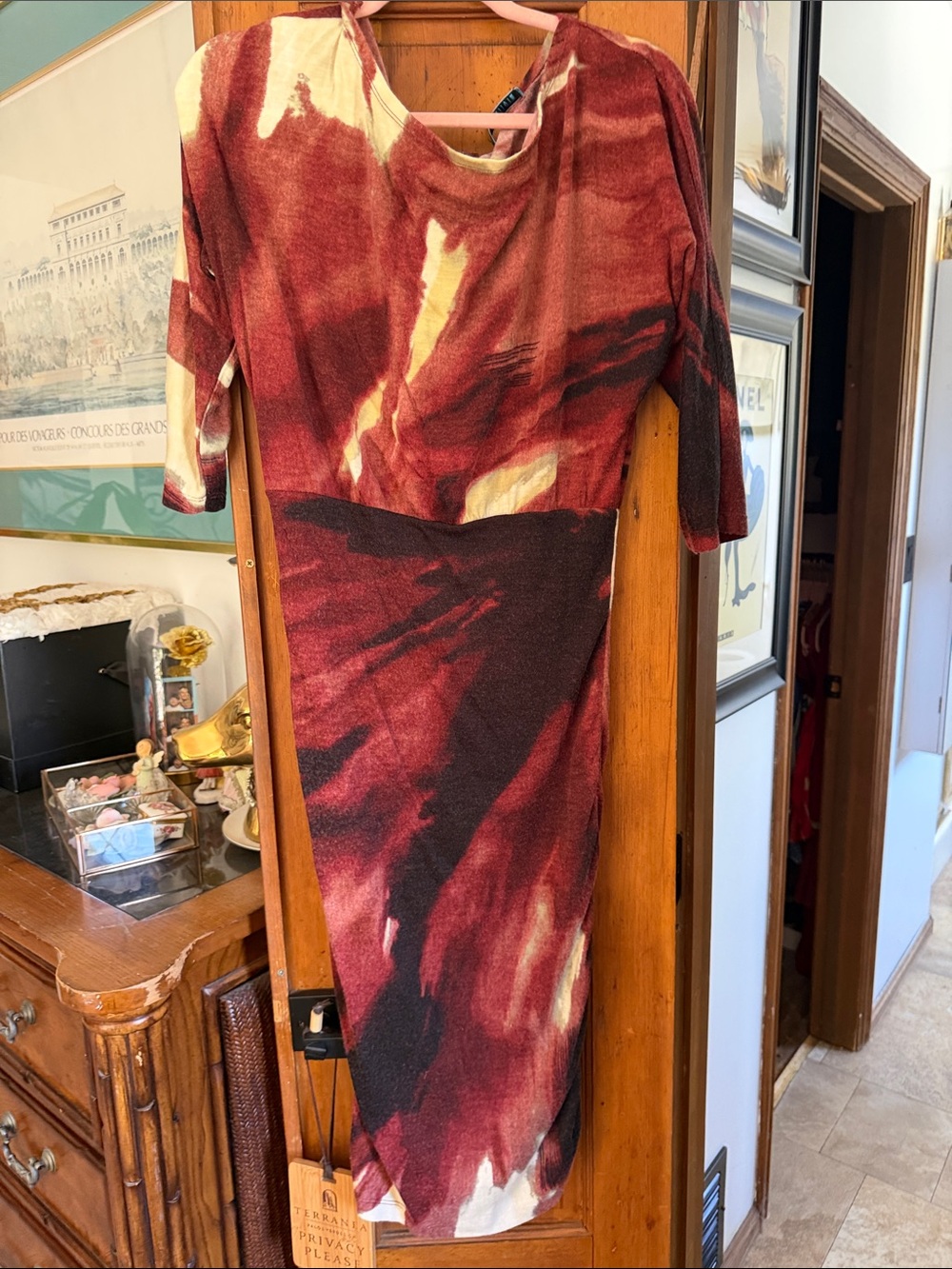 Alice + Olivia Red and Cream Abstract Midi Dress